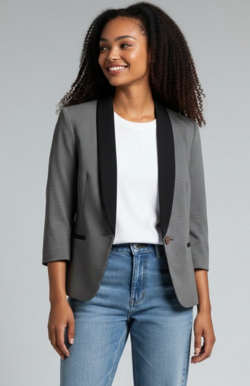 James Jeans Womens Medium Ponte Knit Tuxedo Blazer Jacket Taupe Black Lapel